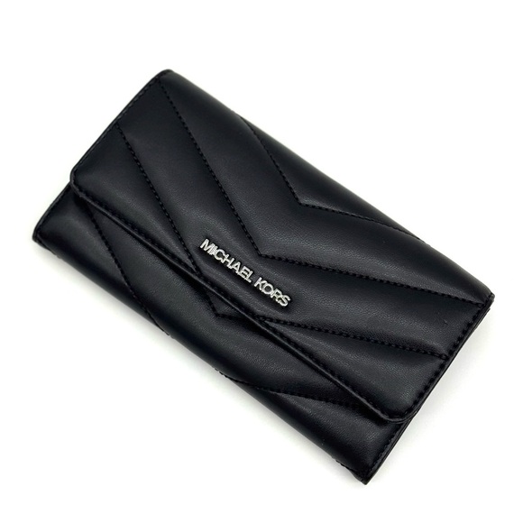 Michael Kors Large Quilted Trifold Wallet Black/Silver - Picture 1 of 7